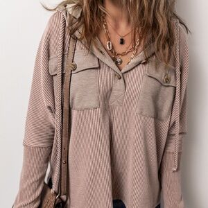 B132 Dark Brown Flap Pocket Patchwork Corded Drawstring Hoodie